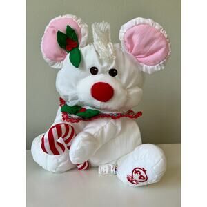 Vintage 1987 Fisher-Price Puffalumps White Christmas Mouse Plush Candy Cane Toy